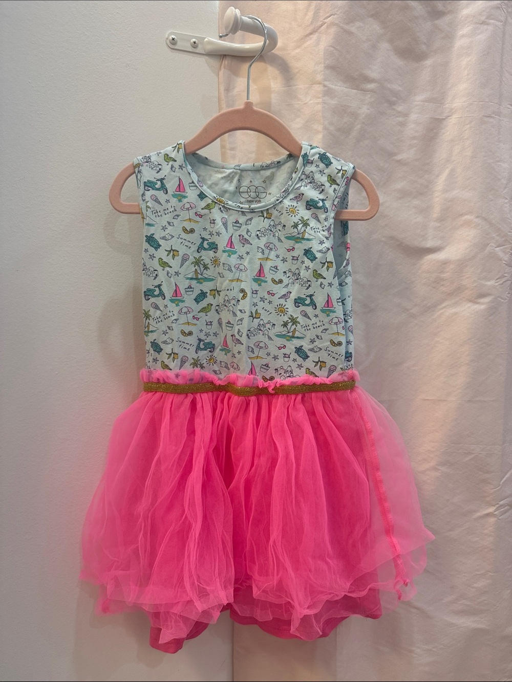 Girls' Pink Tulle Skirt Dress with Printed Bodice